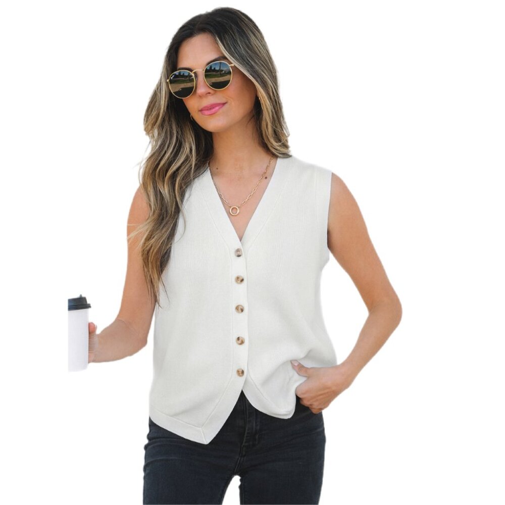 🤍 White V-Neck Buttoned Sweater Vest – Size M